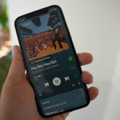 Phone showing Spotify playing Hey Boy Hey Girl by The Chemical Brothers