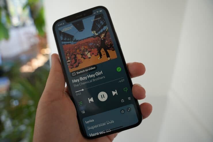 Phone showing Spotify playing Hey Boy Hey Girl by The Chemical Brothers